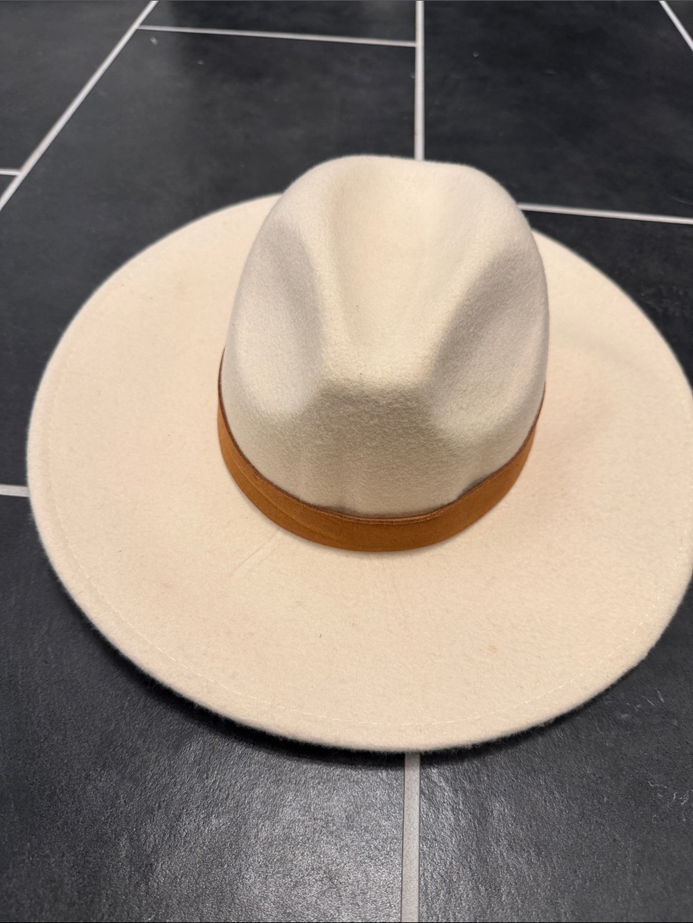Free People Cream Wide-Brim Felt Fedora with Tan Band